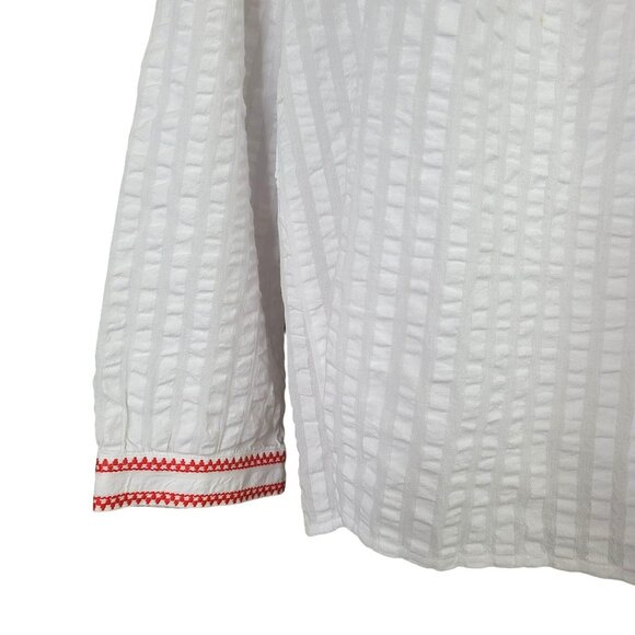J Crew Top Womens MED White Red Floral Embroidered Seersucker Textured Blouse - Picture 3 of 9